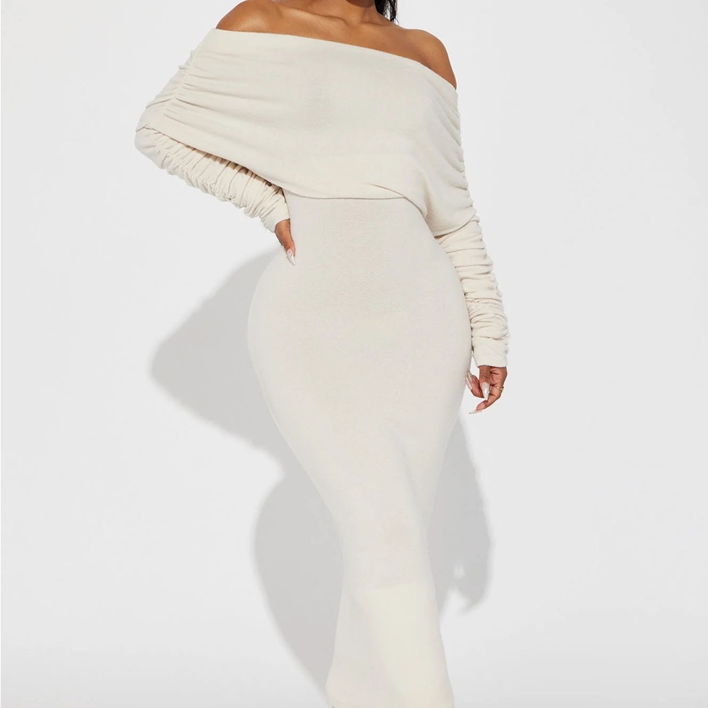 Fashion Nova Cream Ribbed Bodycon Dress with Long Dolman Sleeves